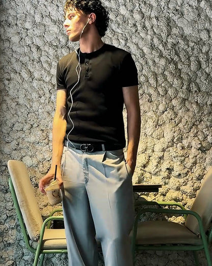 AURRA Henley in Black styled with wide trousers