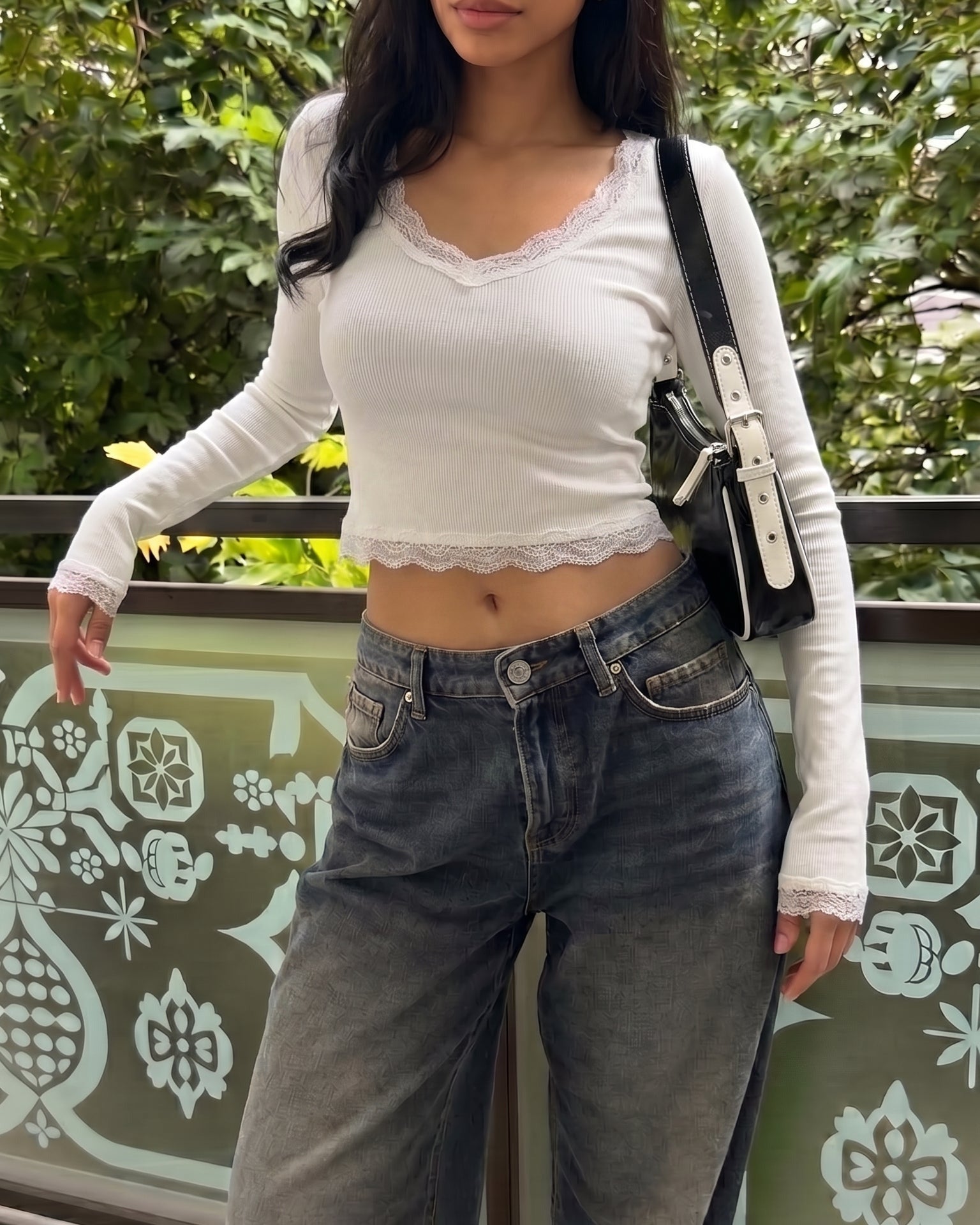 AURRA Cropped V Lace Top in White with jeans
